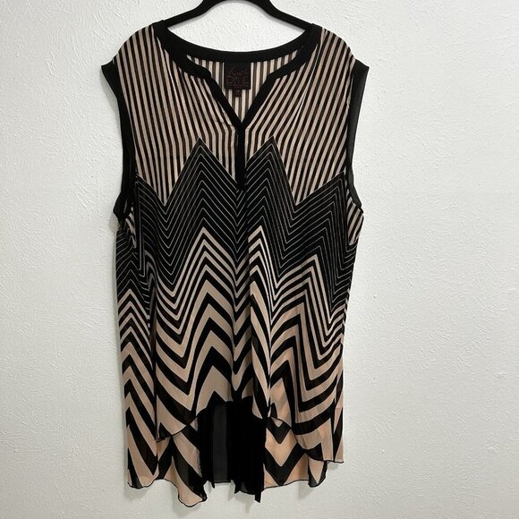 French Blue Sleeveless Tunic Top Chevron Striped Pleated Back Brown Beige Sz 1X - Picture 12 of 12